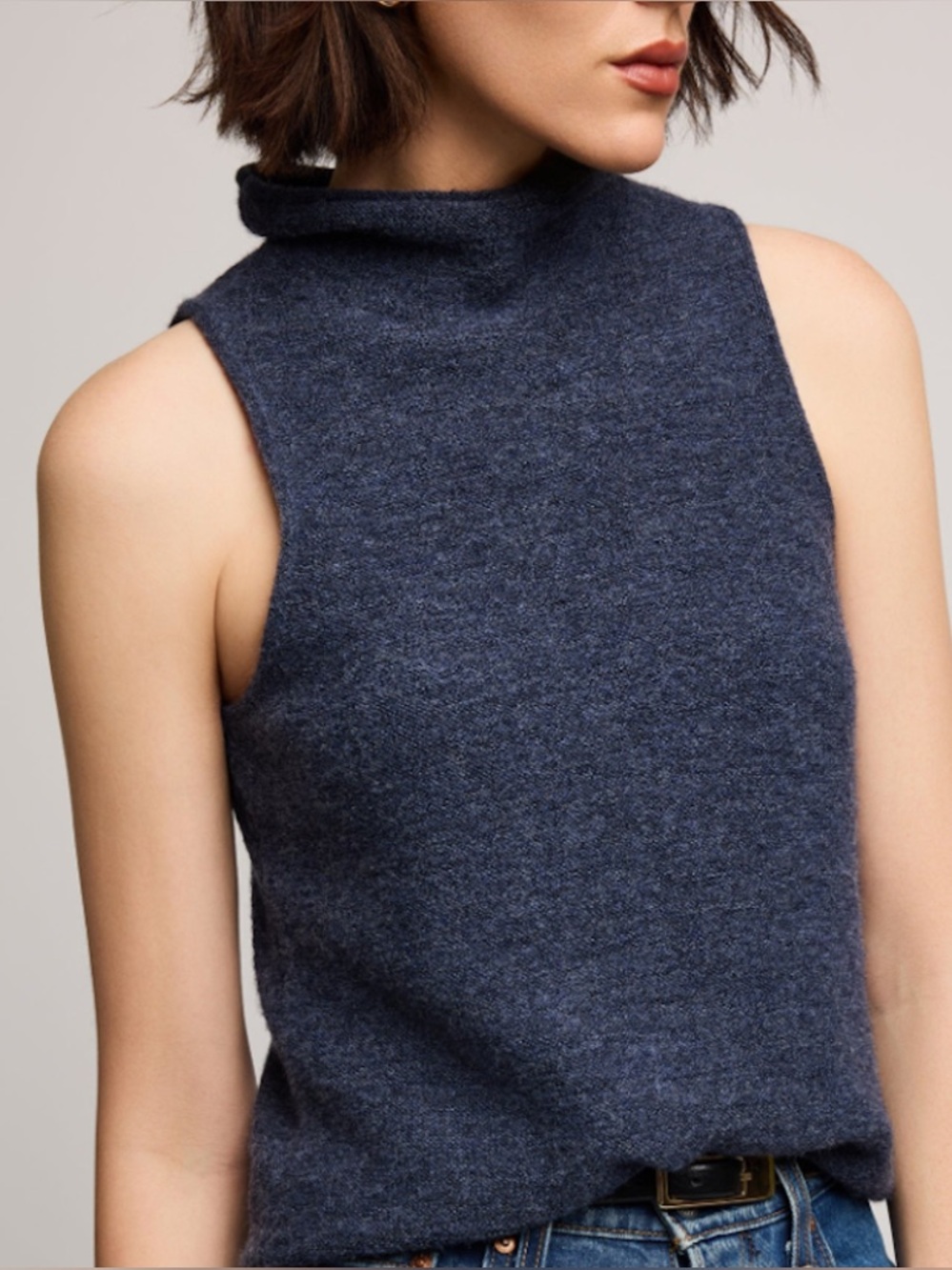 Halston Cashmere Heathered Grey Short Sleeve Mock Neck Sweater Sz L